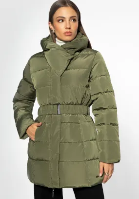 Daunenjacke für Damen mit Gürtel und hohem Kragen 